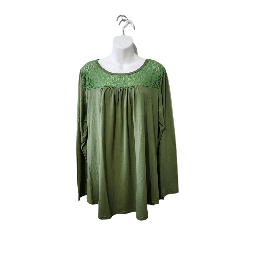 Women casual long sleeves solid army green and lace tunic top shirt size XL